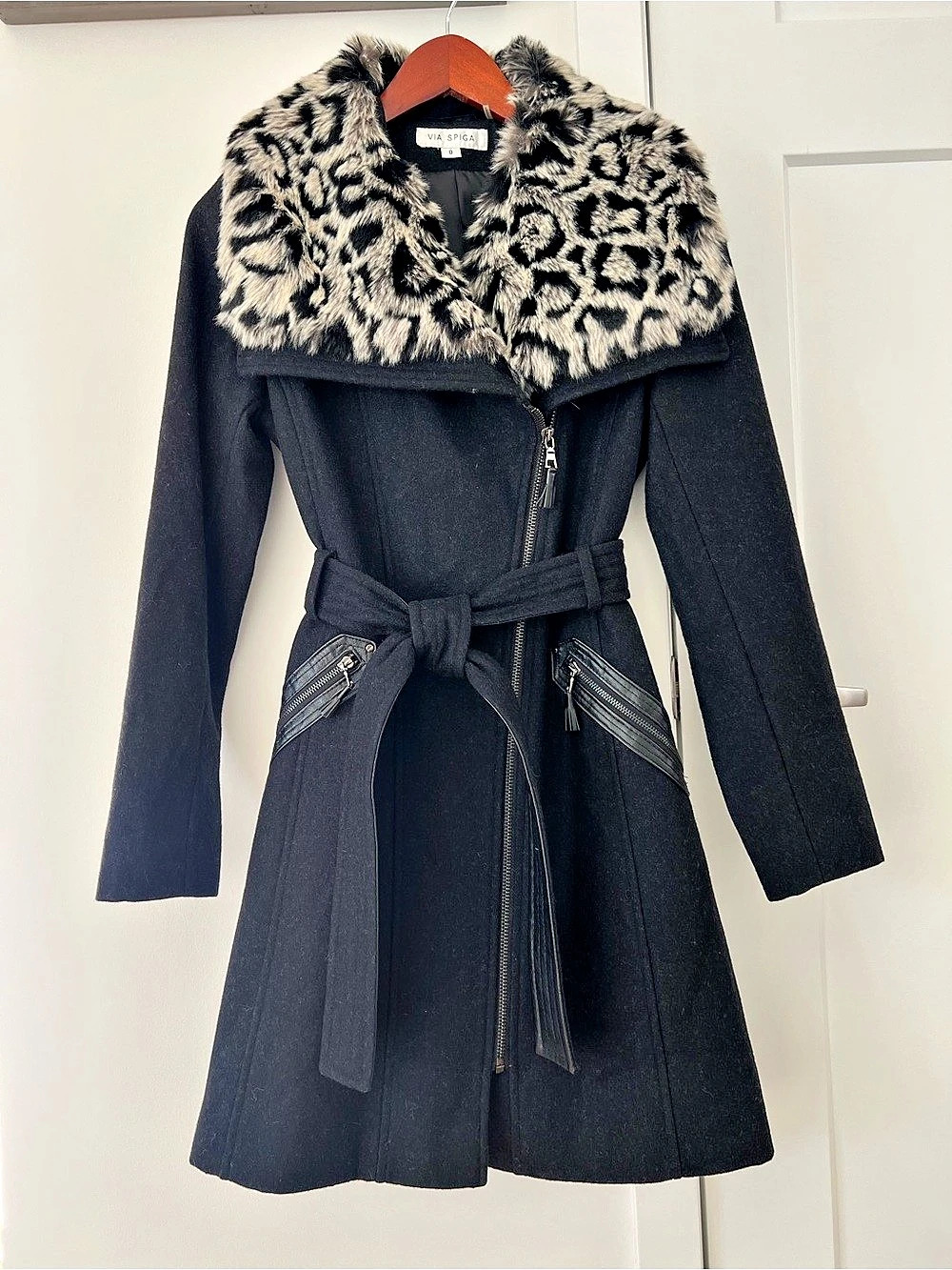Via Spiga Black Wool Blend Faux Leopard Fur Collar Belted Coat Black Belted Coat